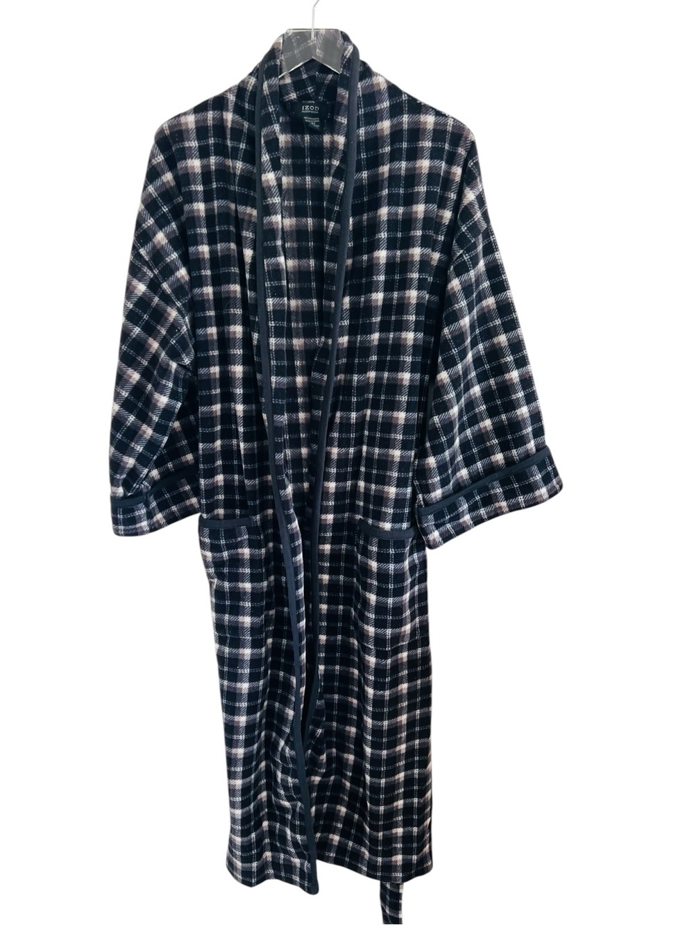 Izod Sleepwear Plaid Bath Robe - Navy & White